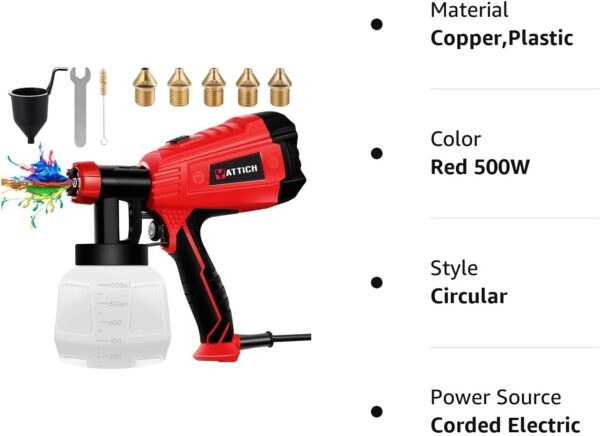 YATTICH Paint Sprayer, High Power HVLP Spray Gun, with 5 Copper Nozzles & 3 Patterns, Easy to Clean, for Furniture, Fence, Car, Bicycle, Chair etc. YT-191 - Image 8