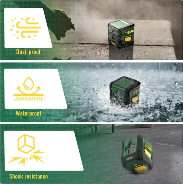 Self-Leveling Laser Level, TECCPO 100ft/30m Green Cross Line Laser, ±3mm/10m Leveling Accuracy, Horizontal and Vertical Line for Construction Picture Hanging, Home Renovation Floor Tile - Image 2