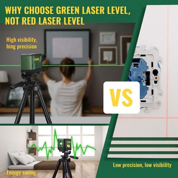 Self-Leveling Laser Level, TECCPO 100ft/30m Green Cross Line Laser, ±3mm/10m Leveling Accuracy, Horizontal and Vertical Line for Construction Picture Hanging, Home Renovation Floor Tile - Image 3