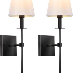 Wall Sconces Set of Two Black,2 Hardwired Wall Lights with White Fabric Shades