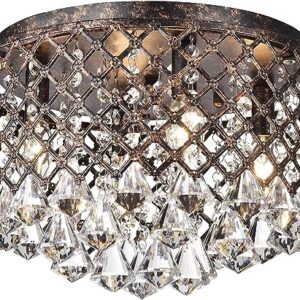 Edvivi 4-Light Antique Copper Finish Round Lattice Drum Shade Crystal Chandelier Flush Mount Ceiling Fixture for Bedroom,